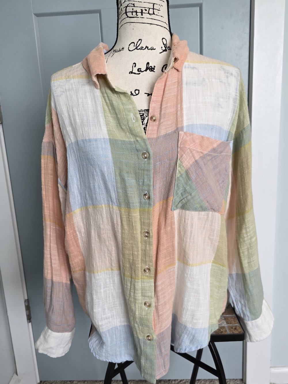 Billabong Pastel Patchwork Plaid Button Down Shirt Medium M Coastal Boho EUC - Picture 1 of 5